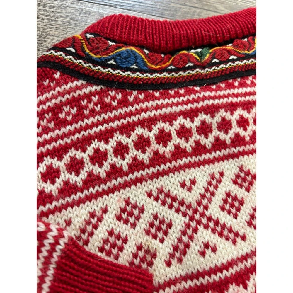 Norlender Norwegian Knit Sweater Kids 4 Red Good Fair Isle Wool Pewter Clasps